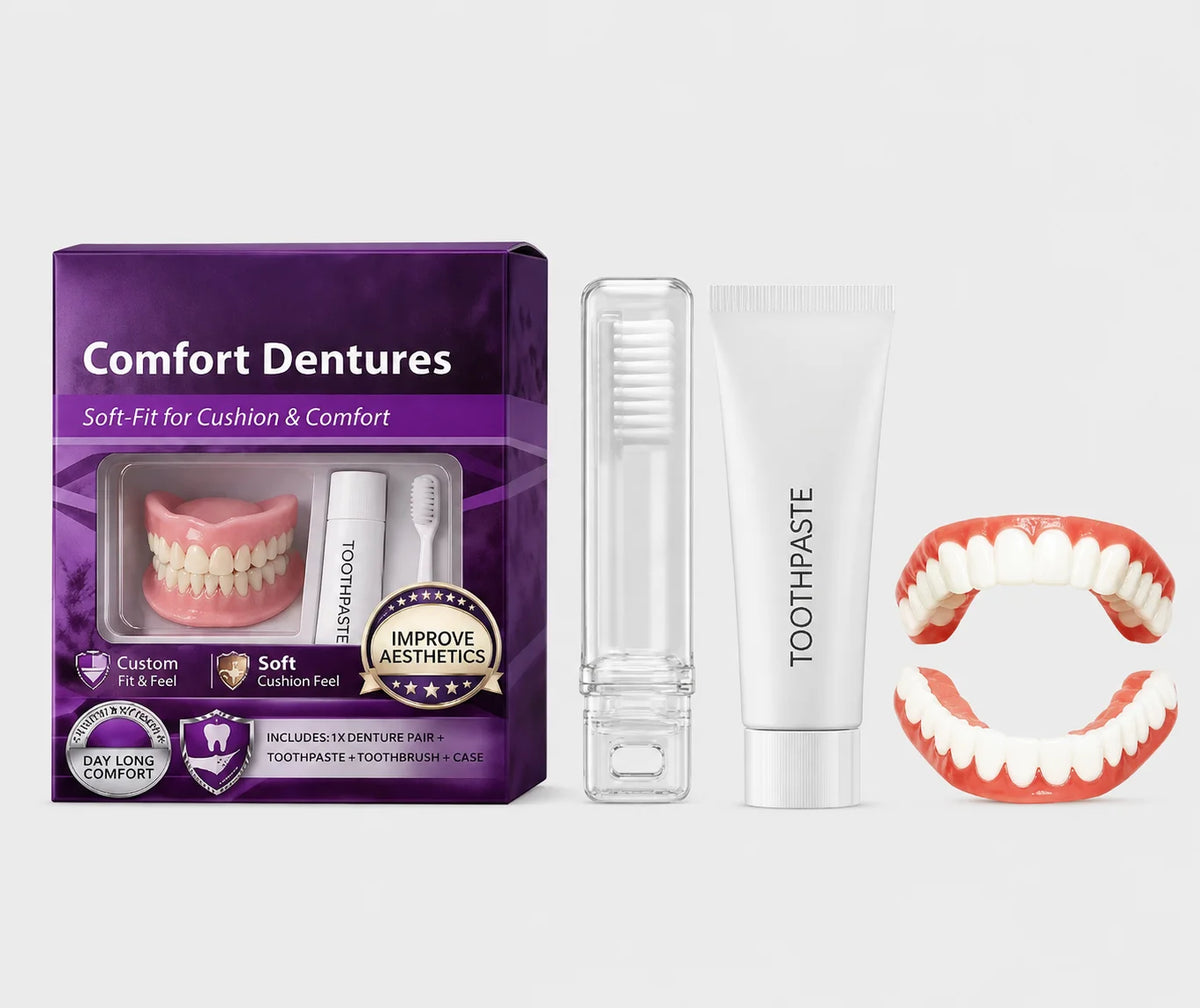 Elorysa Moldable Silicone Dentures Upper Lower False Teeth Set Instant Smile Toothbrush