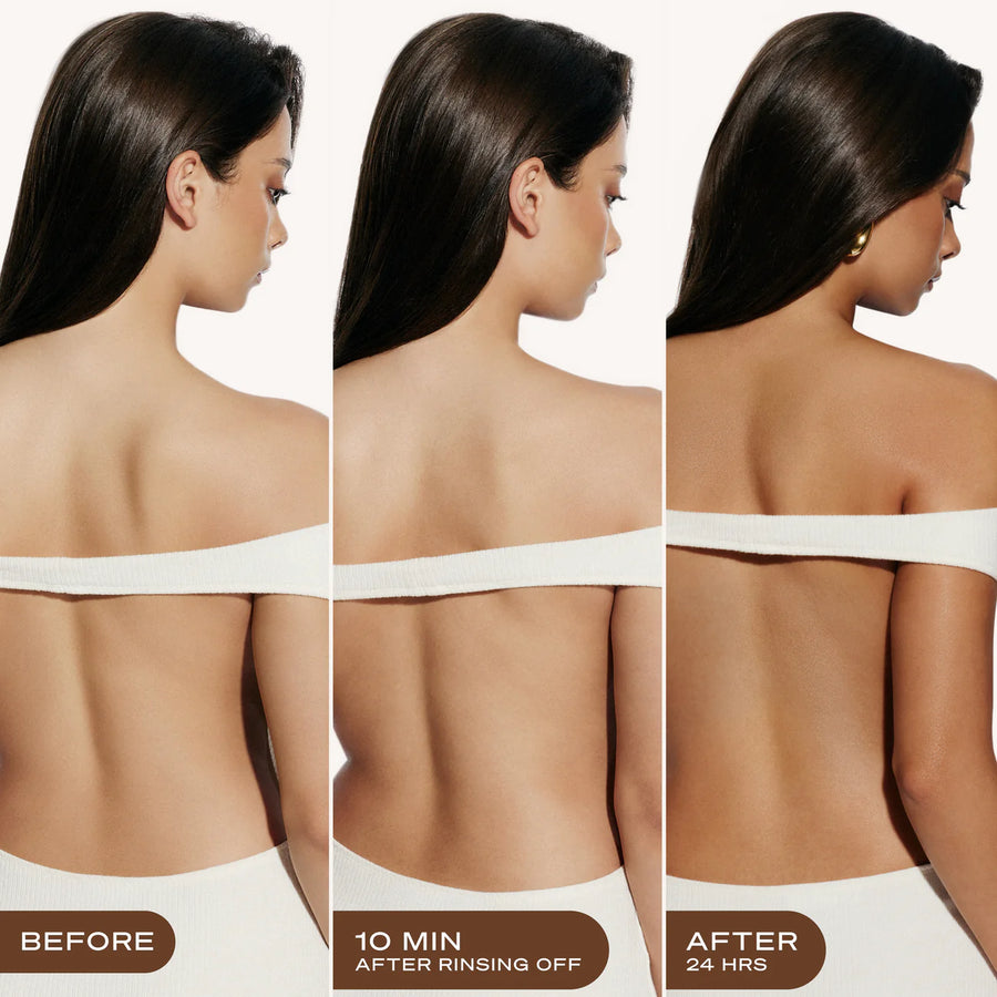 Elorysa back tanning result before, after rinsing and after 24 hours