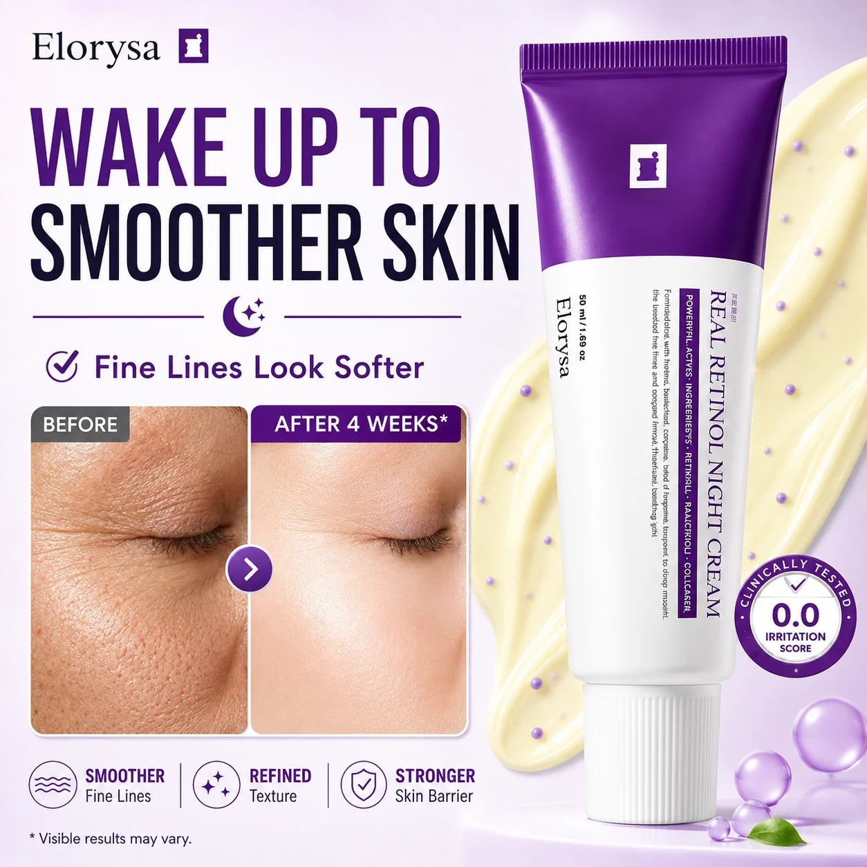 Elorysa  Real Retinol 0.1% Night Cream for Fine Lines, Texture & Barrier Care
