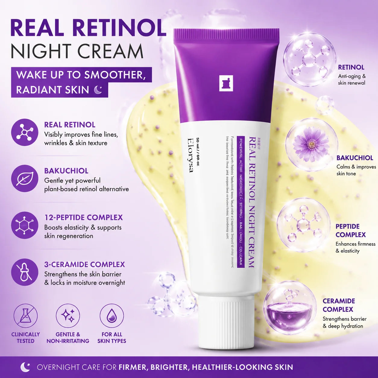 Elorysa  Real Retinol 0.1% Night Cream for Fine Lines, Texture & Barrier Care