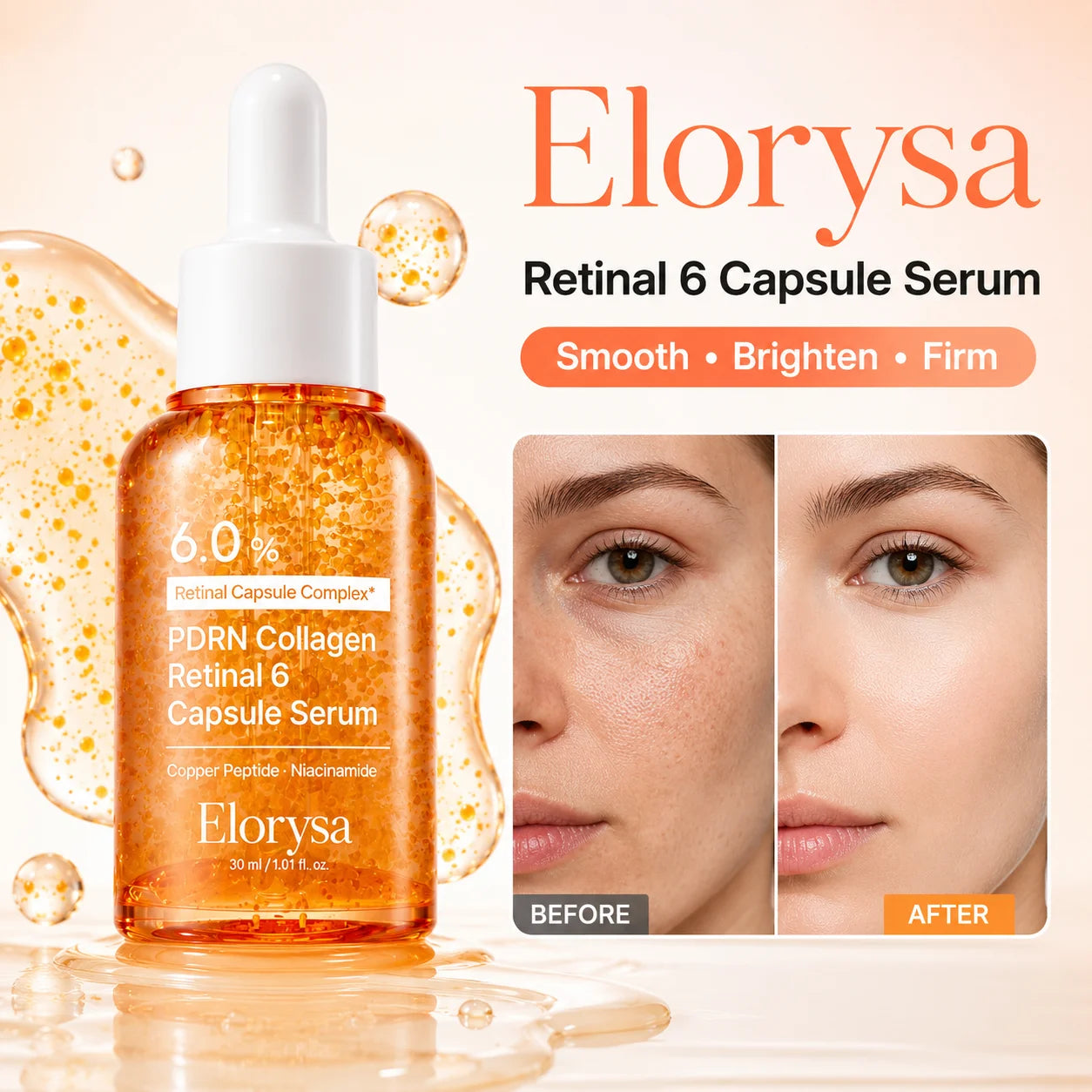 Elorysa PDRN Collagen Retinal 6 Capsule Serum, Turn Back Time for Firmer, Younger-Looking Skin