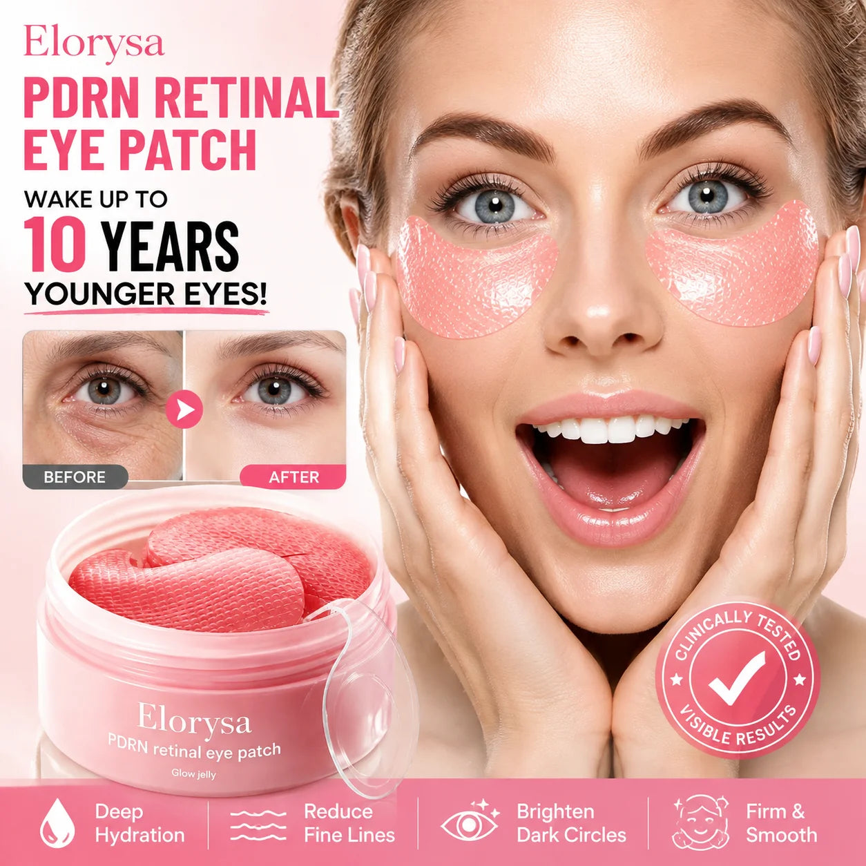 Elorysa PDRN Retinal Eye Patches for Rejuvenating & Puffy Eyes with Glow Jelly, Niacinamide, 60 Count, Korean Skin Care