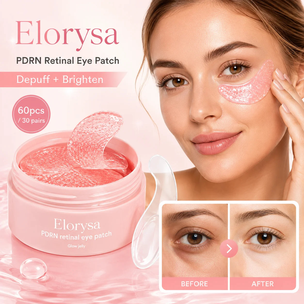 Elorysa PDRN Retinal Eye Patches for Rejuvenating & Puffy Eyes with Glow Jelly, Niacinamide, 60 Count, Korean Skin Care