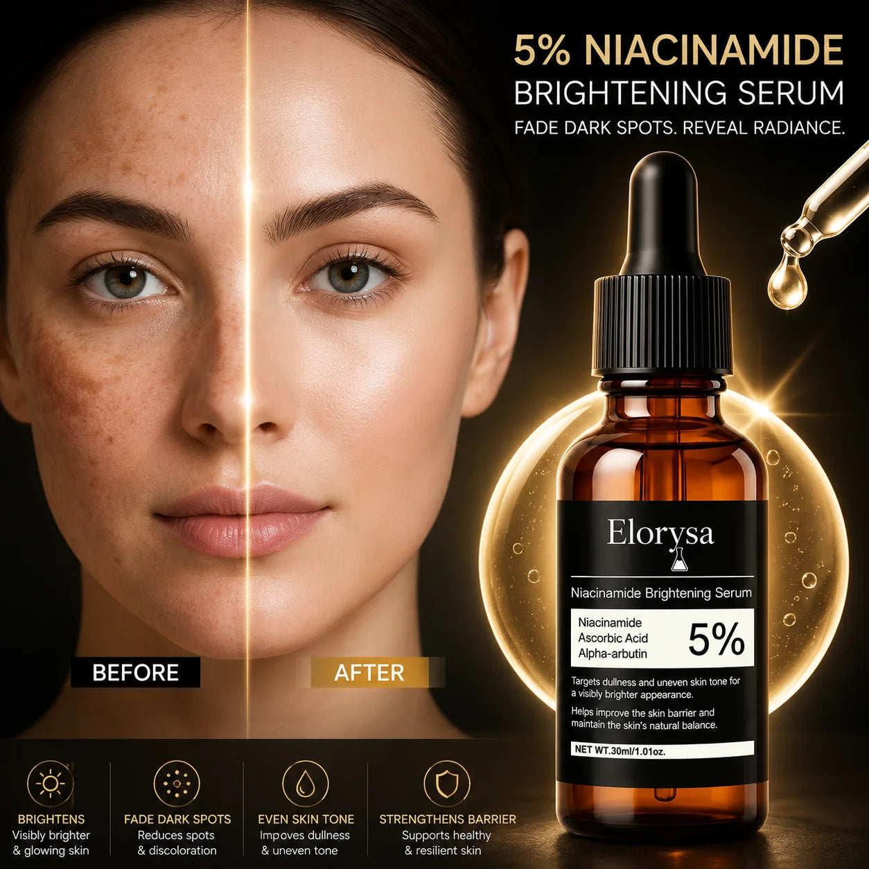 Elorysa Vitamin C + 5% Niacinamide Brightening Serum — Fade the Look of Dark Spots & Reveal Even, Glowing Skin