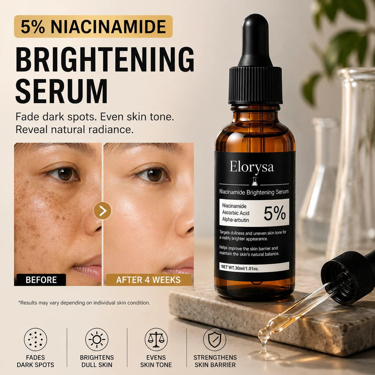 Elorysa Vitamin C + 5% Niacinamide Brightening Serum — Fade the Look of Dark Spots & Reveal Even, Glowing Skin