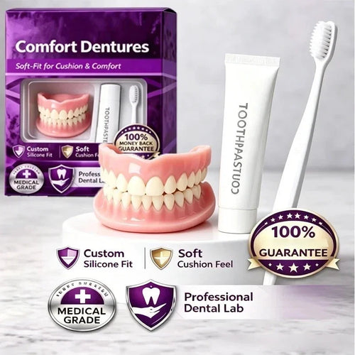 Elorysa Moldable Silicone Dentures Upper Lower False Teeth Set Instant Smile Toothbrush