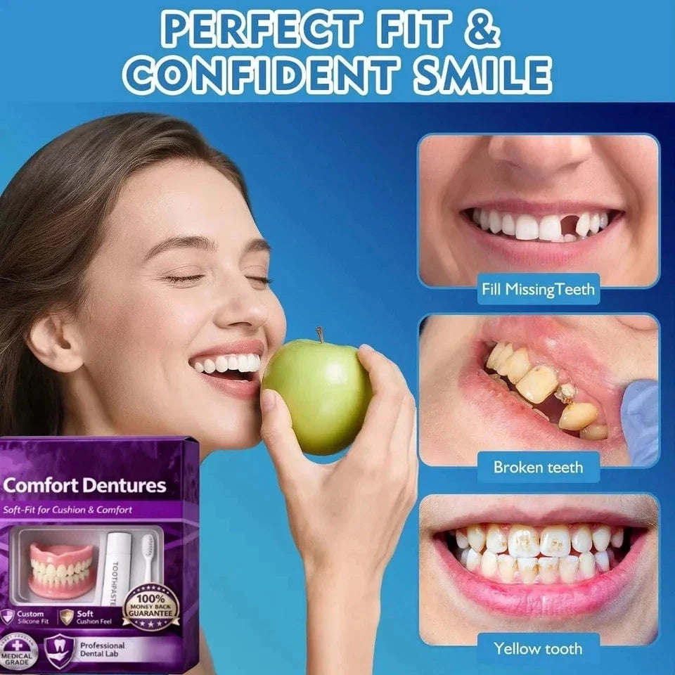 Elorysa Moldable Silicone Dentures Upper Lower False Teeth Set Instant Smile Toothbrush