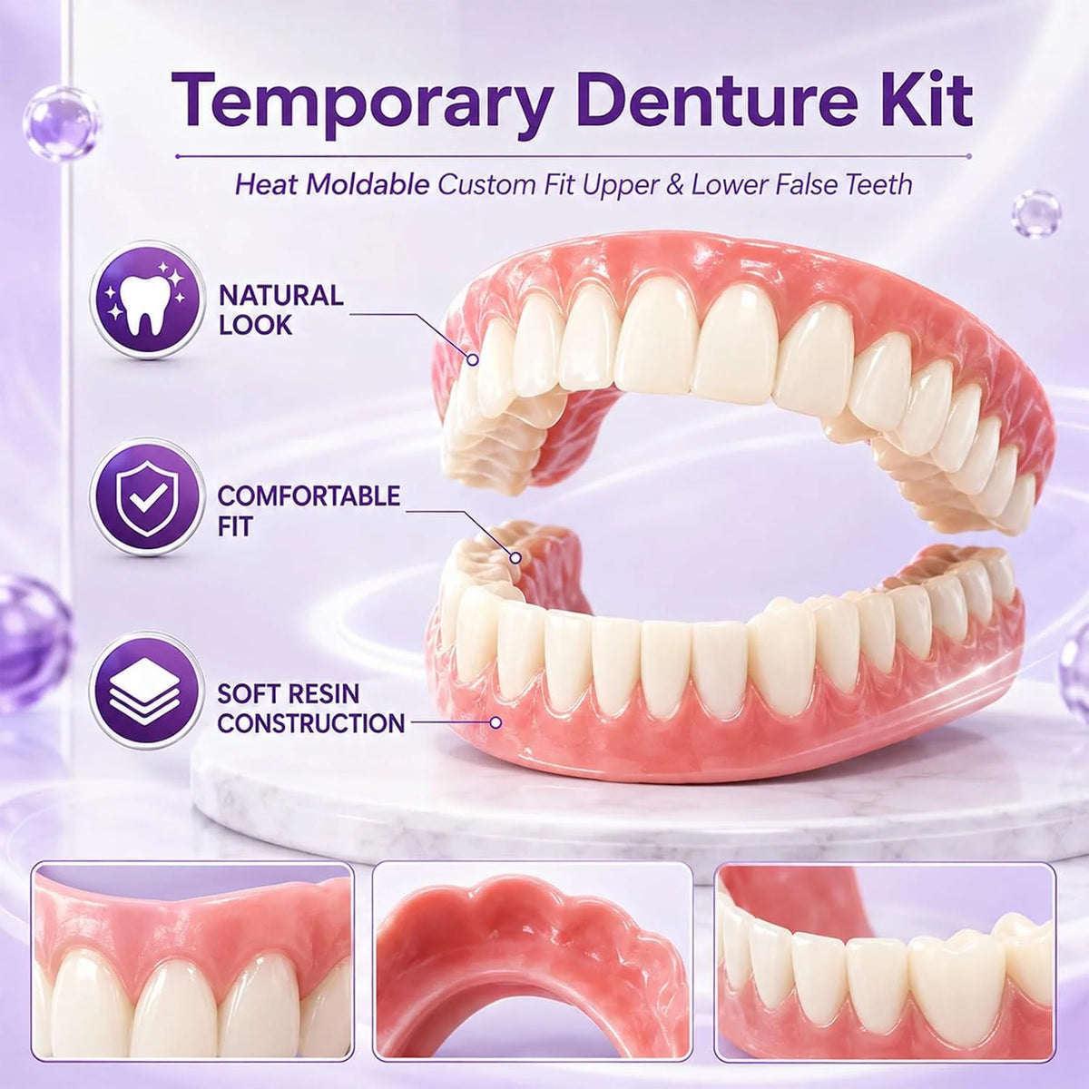 Elorysa Moldable Silicone Dentures Upper Lower False Teeth Set Instant Smile Toothbrush