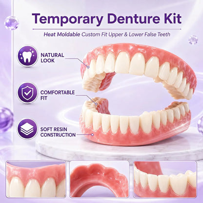 Elorysa Moldable Silicone Dentures Upper Lower False Teeth Set Instant Smile Toothbrush