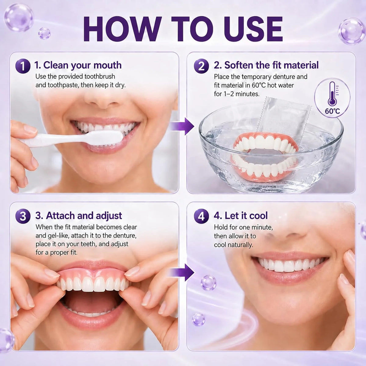 Elorysa Moldable Silicone Dentures Upper Lower False Teeth Set Instant Smile Toothbrush