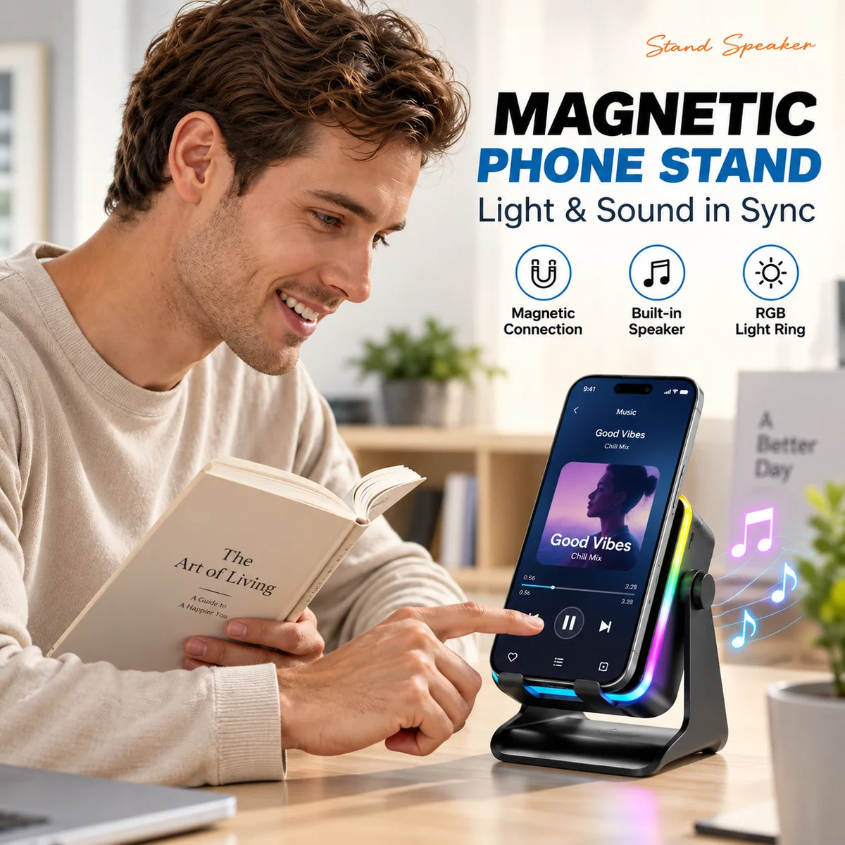 🔊 Elorysa™ 5-in-1 Instant Sync Speaker Stand – Hands-Free Sound, RGB Light & Easy Viewing