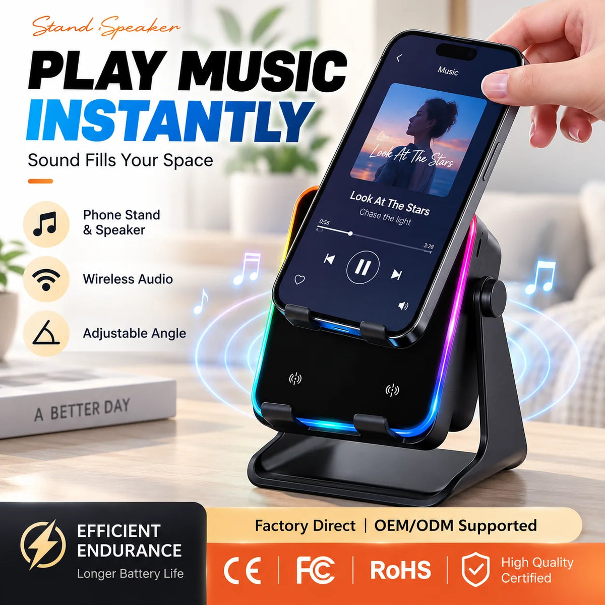 🔊 Elorysa™ 5-in-1 Instant Sync Speaker Stand – Hands-Free Sound, RGB Light & Easy Viewing
