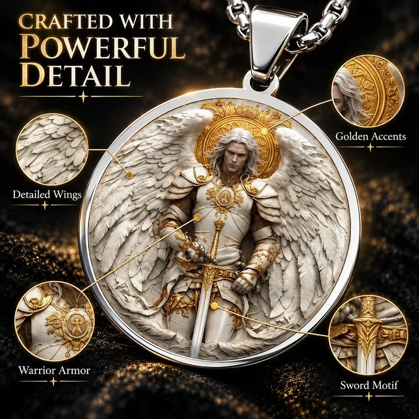 Close-up craftsmanship details of angel warrior pendant