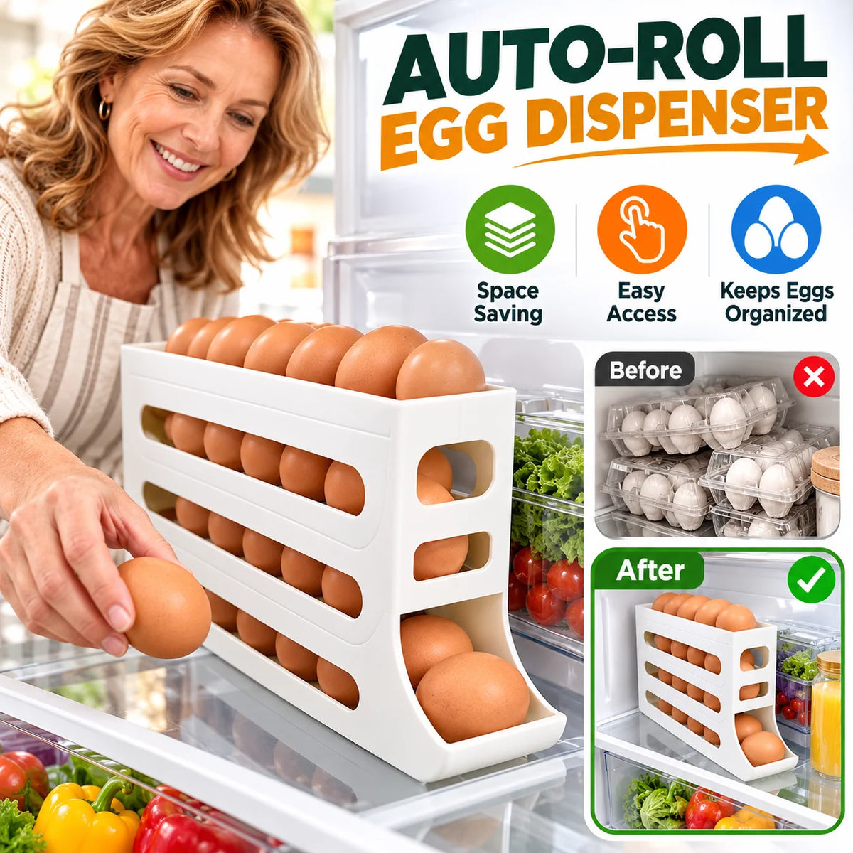 ✨🏆Hot Sale Egg Holder for Fridge, Eggs Dispenser Auto Rolling